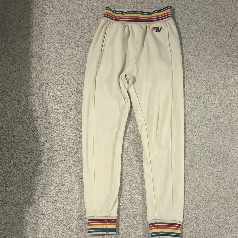 Aviator Nation Cream Track Pants with Red Striped Accents